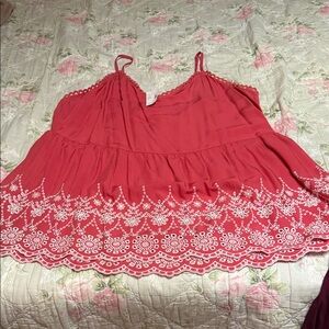 Maurices Coral Spaghetti Strap Tank with White Embroidered Hem